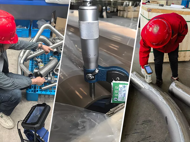 Quality inspection of CuNi 90/10 copper nickel pipe fittings including PMI testing dimensional inspection and pressure testing